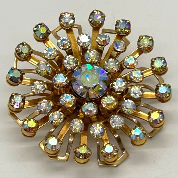 Vintage Aurora Borealis Brooch Gold-Tone Rivet Set 1960s Starburst Atomic 2 inch - Picture 4 of 14